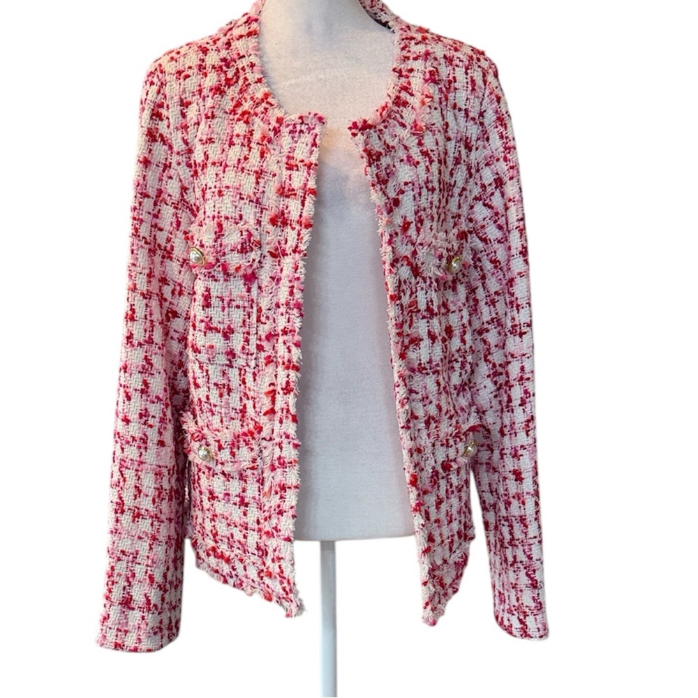 Nanette Lepore Pink Red Tweed Open Front Blazer Pearl Buttons SZ 14 NWT